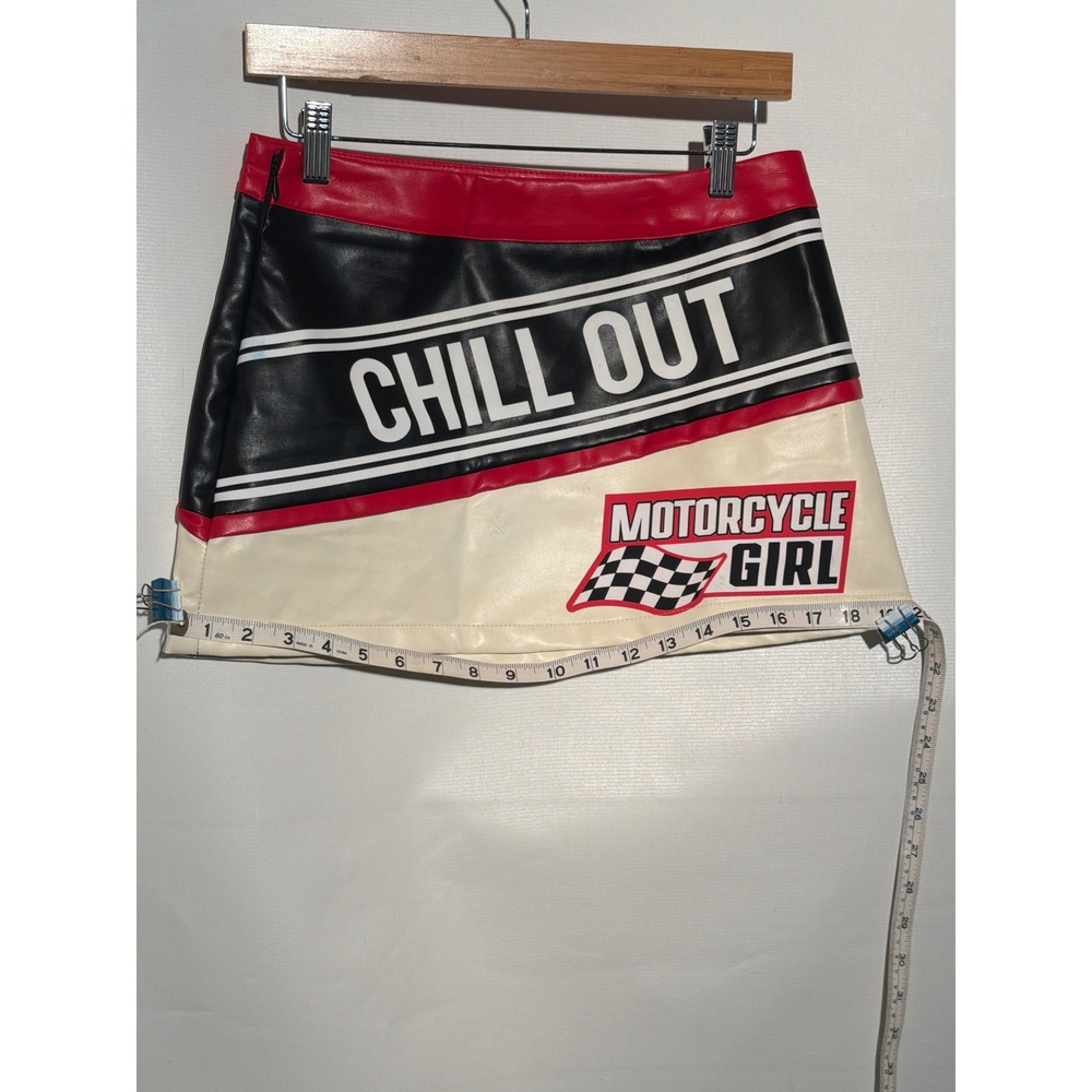 Motorcycle Girl Faux Leather Mini Skirt S US 4 EU 36 Red Black Racing Graphic - Picture 4 of 6